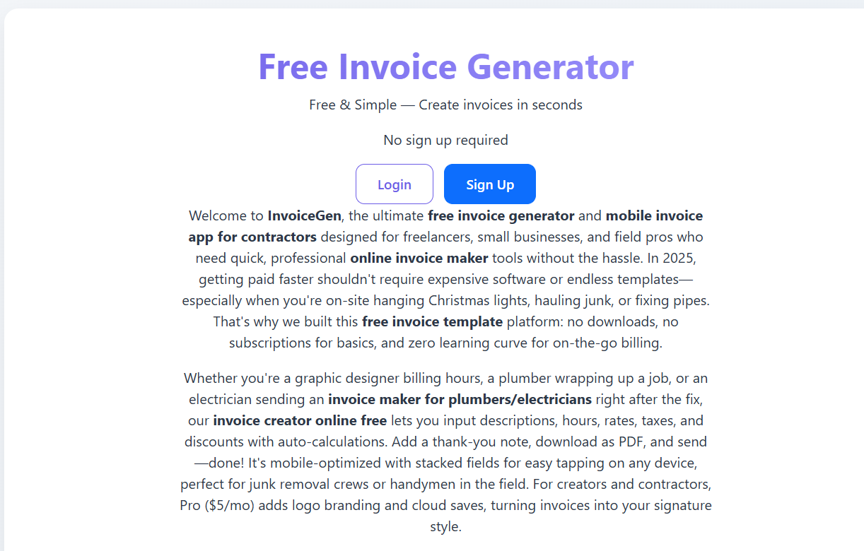 Screenshot of InvoiceGen website
